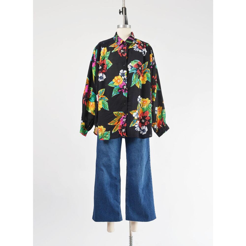 Vintage 90s Black Tropical Floral Beaded Button Down Blouse size L XXL - Picture 4 of 9